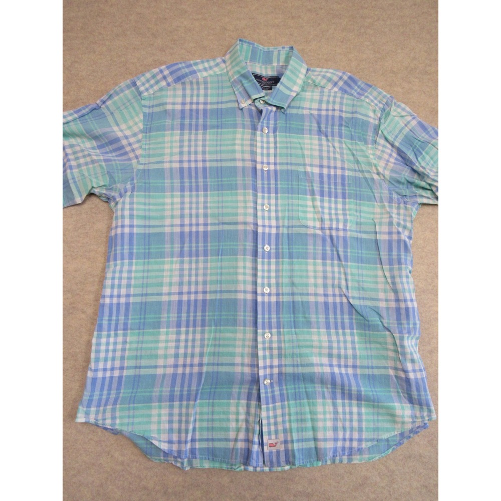 Vineyard Vines Murray Shirt Mens XL Blue Green Plaid S/S Cotton Button Up - Picture 2 of 6